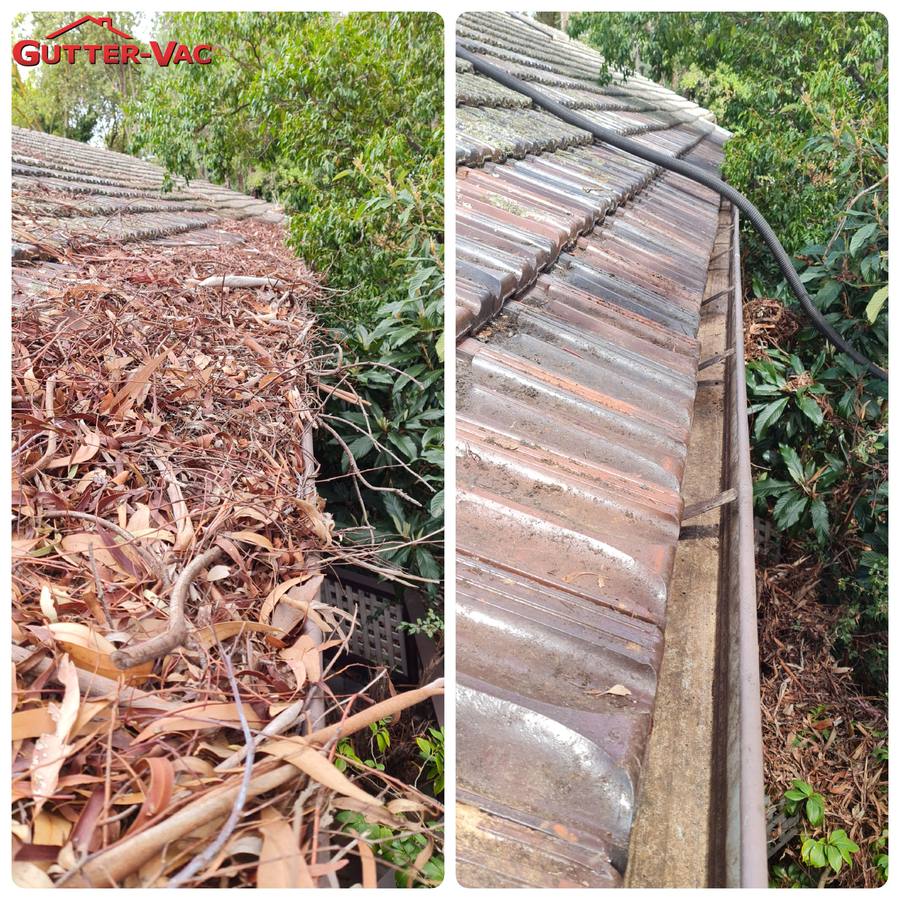 Tile roof gutter packed with gum leaves and sticks, then the same gutter cleared