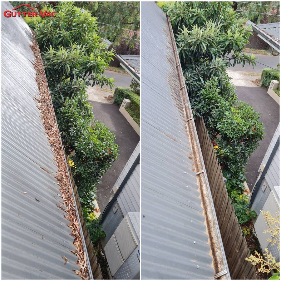 Long metal gutter full of dry leaves, then the same run cleared end to end